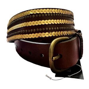 Express Brown Leather Belt Gold Sequins Bronze Studded Vintage NEW Size Small
